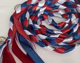 Burgundy-Red Blue & White Handfasting Cord, Custom Satin Wedding Ribbon, Traditional Celtic Irish Knot, Pagan Rituals, Choice of Charms