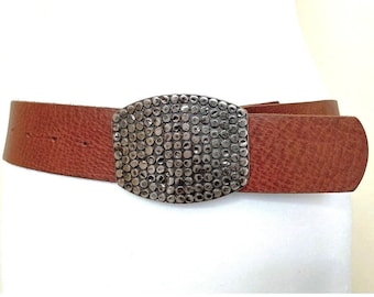 Vintage Wide Brown Leather Belt Heavy Buckle Leather Belt, 31,5-37,4"/80-95 cm