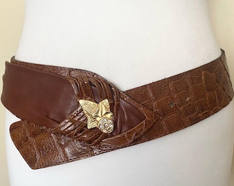 Vintage Wide High Low Waist Brown Leather Belt with Decorated Buckle Wide Boho Retro Leather Belt, 35,4-40"/90-102cm
