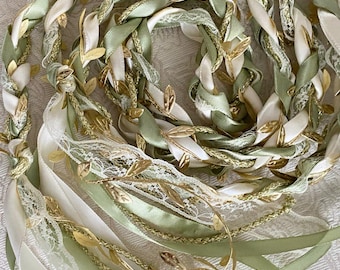Sage Ivory Handfasting Cord with Gold Leaves Lurex, Celtic Irish Handfasting Ribbon, Pagan Ritual Knot, Custom Wedding Charms