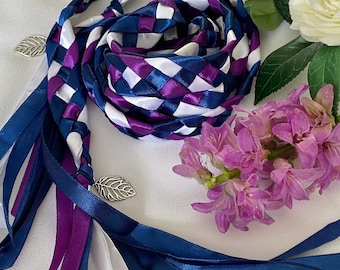 Purple Blue & White Handfasting Cord, Custom Satin Wedding Ribbon, Traditional Celtic Irish Knot, Pagan Rituals, Choice of Charms
