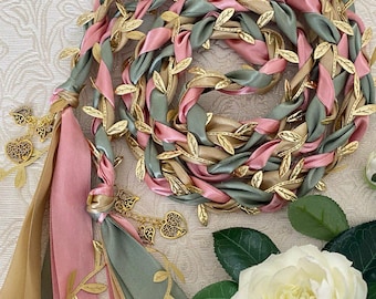 Sage Pink & Gold Handfasting Cord with Leaves, Celtic Wedding Ribbon, Pagan Ritual Rope, Wiccan Hand Fasting Tie, Irish Wedding Knot