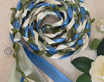 Sage Ivory Blue Handfasting Cord with Green Leaves,Celtic Irish Wedding Ribbon, Pagan Ritual Knot