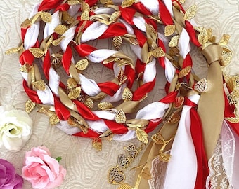 Red White Champagne Gold Handfasting Cord with Gold Leaf, Celtic Irish Wedding Ribbon, Ritual Pagan Knot, Vow Renewal Ceremony