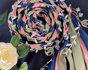 Dusty Rose Navy Sage Handfasting Cord with Silver Leaf, Celtic Wedding Ribbon, Woodland Pagan Ritual, Irish Knot Vow Renewal, Custom Charms