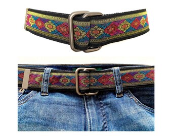 Jeans Women's Men's Cotton Webbing Belt Folk Celtic Jacquard Ribbon Belt Solid Heavy Metal Rings Belt 1.5"/3.8cm Width Medieval Belt