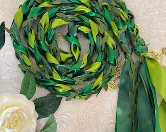 Greenery Handfasting Cord with Green Leaves, Woodland Wedding Ribbon, Celtic Pagan Ritual Knot, Wiccan Nature Wedding, Choice of Charms
