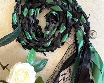 Black & Green Handfasting Cord with Leaves, Witchy Wedding Ribbon, Gothic Ritual Knot, Dark Pagan Vow Renewal, Celtic Viking Handfasting