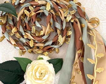 Sage Coffee Brown Champagne Gold Handfasting Cord with Gold Leaves, Woodland Wedding Ribbon, Celtic Irish Pagan Knot, Nature Wiccan Wedding