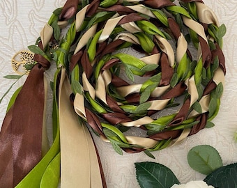 Olive Brown Champagne Gold Handfasting Cord with Green Leaves, Woodland Wedding Ribbon, Celtic Irish Pagan Ritual Knot Nature Wiccan Wedding