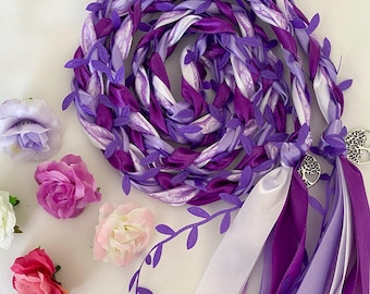 Purple Lilac & White Handfasting Cord, Celtic Wedding Ribbon with Leaves, Hand Tying Ceremony Knot, Irish Wedding Accessory, Custom Charms