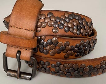 Vintage Cowboybelt Studded Brown Leather Belt Western Cowboy Rocker Biker 80s 90s Leather Belt, 39,7-43,3"/100-110cm
