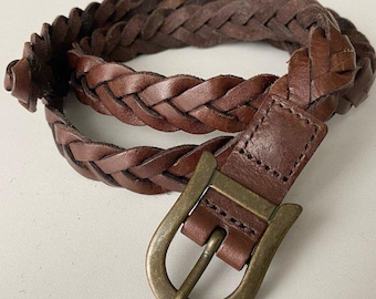Skinny Vintage Braided Leather Belt Brass Buckle Slim Dark Brown 90s Leather Belt