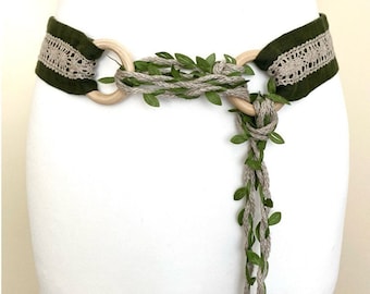 Natuurlijke linnen Keltische riem linnen kant Renaissance riem bruiloft festival groene bladeren riem middeleeuwse Viking riem berkenhout ringen alle maten