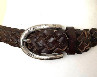 Cinturón vintage POST & Co de piel trenzada marrón oscuro, fabricado en Italia. Cinturón vintage italiano excepcional, hebilla exclusiva, sólida y pesada, talla 85.