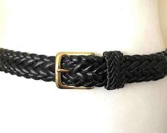 Vintage Black Braided Adjustable Leather Belt Golden Solid Brass Buckle Retro Belt