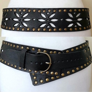 Vintage Wide Leather Belt Black Studded Perforated Wide Leather Belt, 31,5-35,4&quot;/80-90 cm