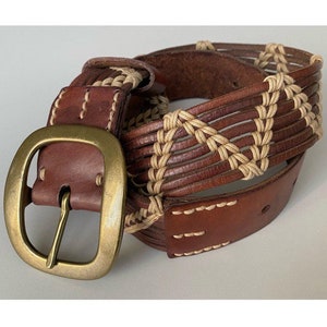 Vintage 90s Saddler Multi Strap Leather Belt Boho Hippie Brown Retro Belt Solid Heavy Brass Buckle Western Leather Belt, 28,7-33,5&quot;/73-85cm