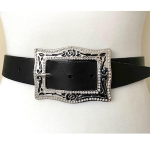 Vintage SADDLER Leather Belt Black Rhinestones Decorated Buckle Leather Belt, 27,5-31,5&quot;/70-80 cm