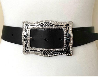 Vintage Leather Rhinestone Belt 1970 70s studded belt - Gem main image 2
