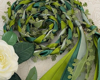 Sage Olive Forest Green Handfasting Cord with Leaves, Woodland Wedding Ribbon, Celtic Irish Pagan Ritual Knot, Nature Wiccan Wedding