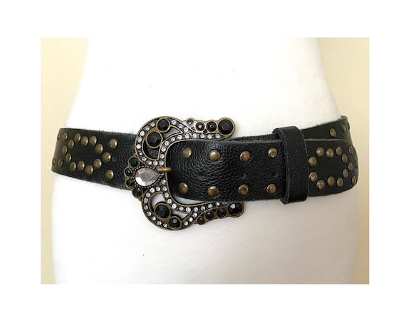 小物 Vintage 80s Studs Design Leather Belt 80s Blue Studded Skinny Leather Belt - 34 Inch - Etsy