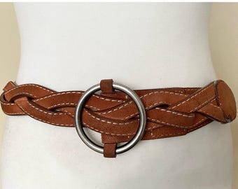 Vintage Suede Braided Leather Belt Brown Leather Belt, Size M L