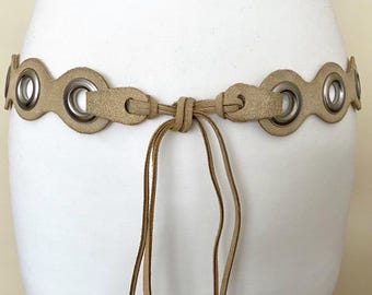 Vintage 80s 90s Boho Hippie Sand Suede Leather Belt Western Medieval Grommet Leather Belt, S M Size