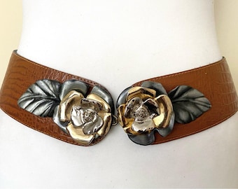 Cinturón vintage marrón sin piel con hebilla de metal pesado y rosas, 76-90 cm