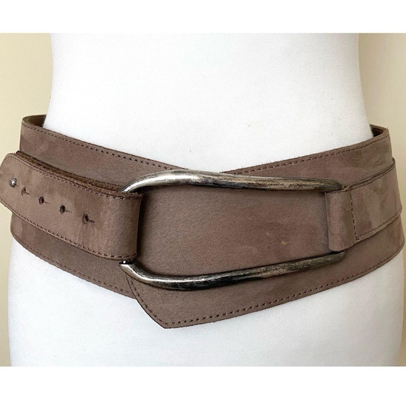Vintage Taupe Nubuck Leather Belt With Large Heavy Metal  display picture 2