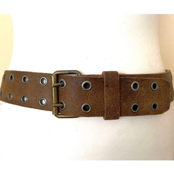 Vintage Grommet Brown Leather Belt Double Prong Western  display picture 2