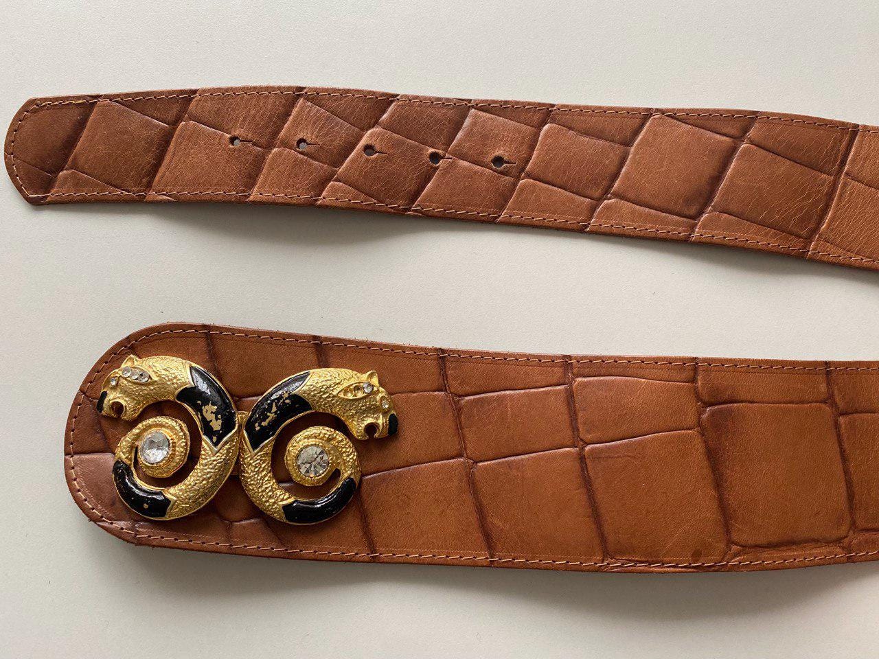 Vintage Panther Buckle Wide Brown Asymmetrical Leather Belt  display picture 2