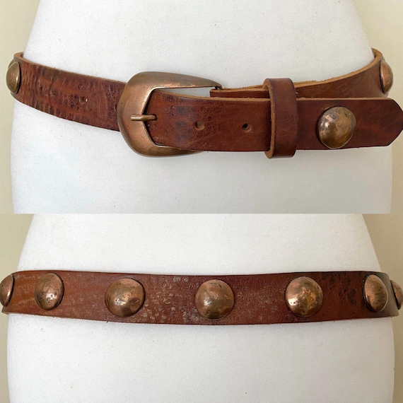 Vintage Studded Thick Leather Belt Heavy Buckle Heavy Studs Brown