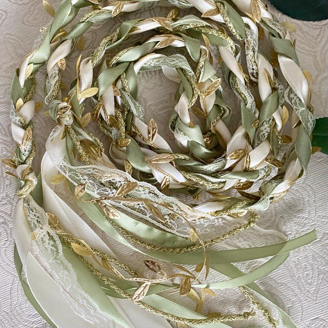 Handmade Handfasting Ribbons Sage Ivory Handfasting Cord With Gold Leaves Lurex, Celtic Irish ...