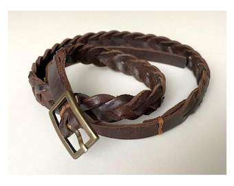 Vintage 50s 60s Skinny Braided Leather Belt Dark Brown Super Skinny Retro Belt, 70-85cm/27,6-33,5"