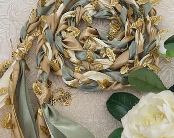 Sage Ivory Champagne Gold Handfasting Cord with Gold Leaves, Woodland Wedding Ribbon, Celtic Irish Pagan Knot, Vow Renewal Ceremony