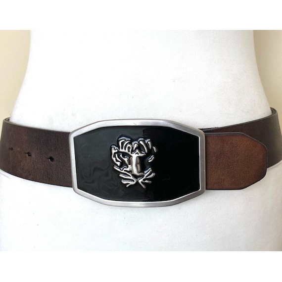 ベルト VINTAGE Huge-Buckle Design Leather Belt Wide Black 80's Vintage Real Leather Belt With Big Metal Buckle - Etsy