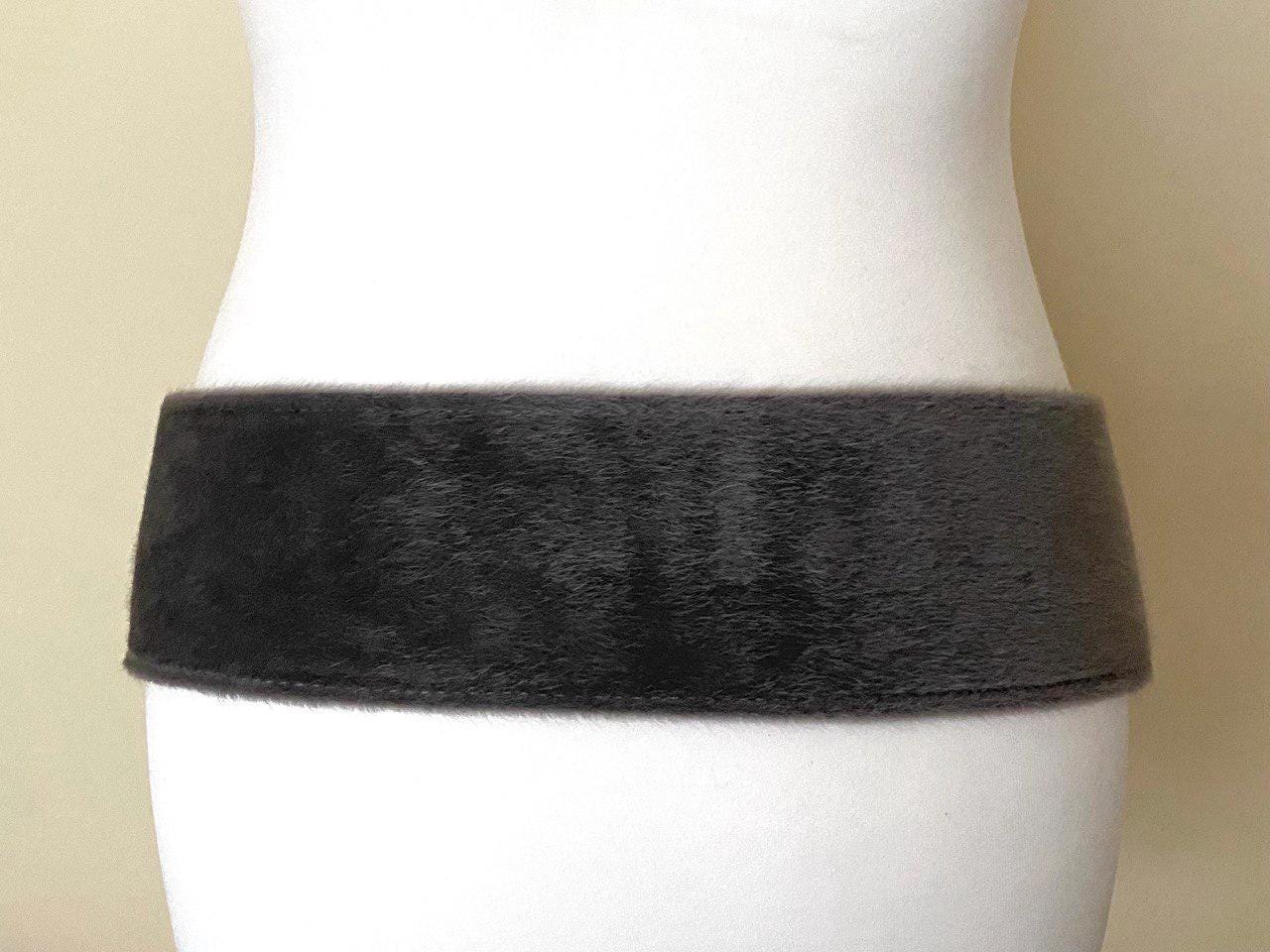 Vintage Extra Wide Grey Faux Fur Belt With Natural Fur Decor 
