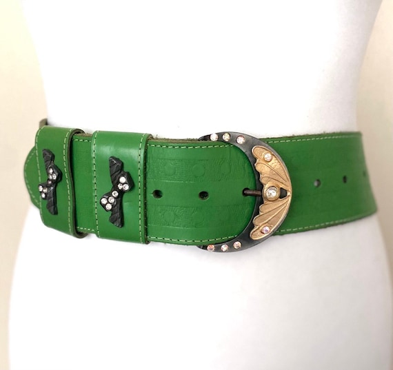 Vintage Wide Green Leather Belt, 29-36 display picture 1