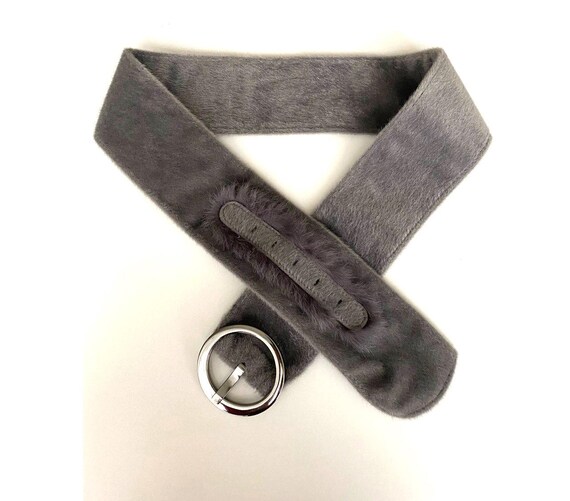 Vintage Extra Wide Grey Faux Fur Belt With Natural Fur Decor, 34,6