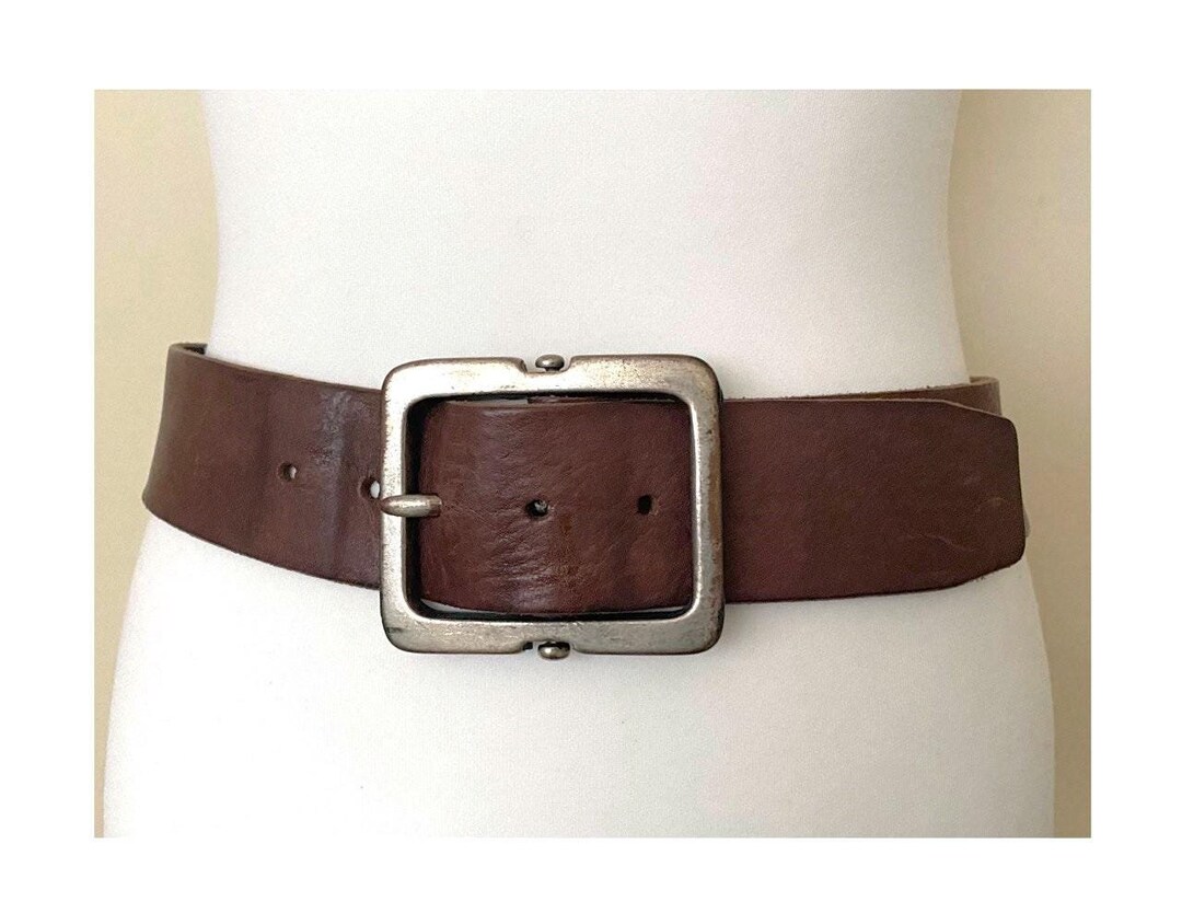 Vintage Wide Brown Leather Belt | Zig Zag Serrated Edge Terracotta Inlay Snap Button