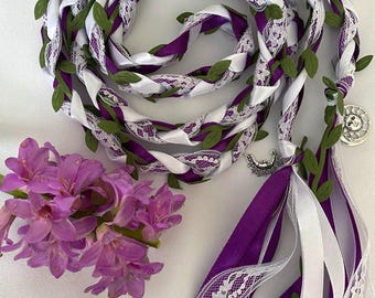 Purple & White Handfasting Cord with Green Leaves, Celtic Wedding Hand Tying Ceremony, Choice of Charms, Irish Wedding Ribbon