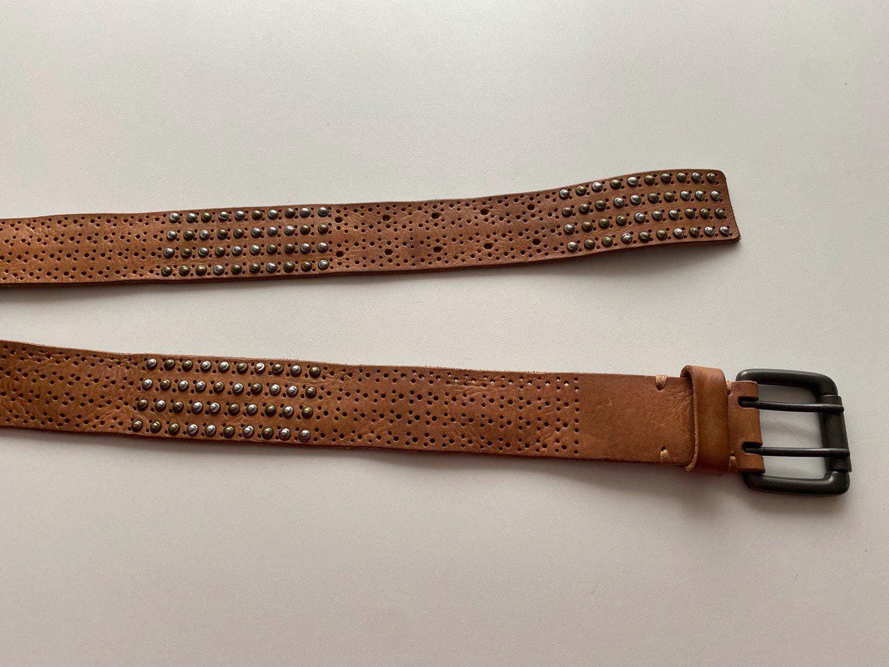 Vintage Wide Brown Leather Grommet Studded Belt Double Prong Waist Belt Double Hole Leather Belt 1 1/2 main image 4