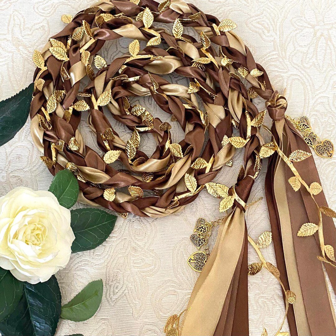 Brown Gold Handfasting Cord With Gold Leaves, Woodland Wedding Ribbon ...