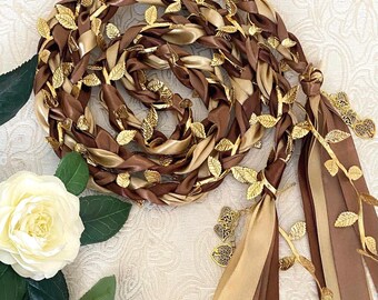 Brown Gold Handfasting Cord with Gold Leaves, Woodland Wedding Ribbon, Celtic Irish Pagan Knot, Nature Wiccan Wedding, Vow Renewal Ceremony