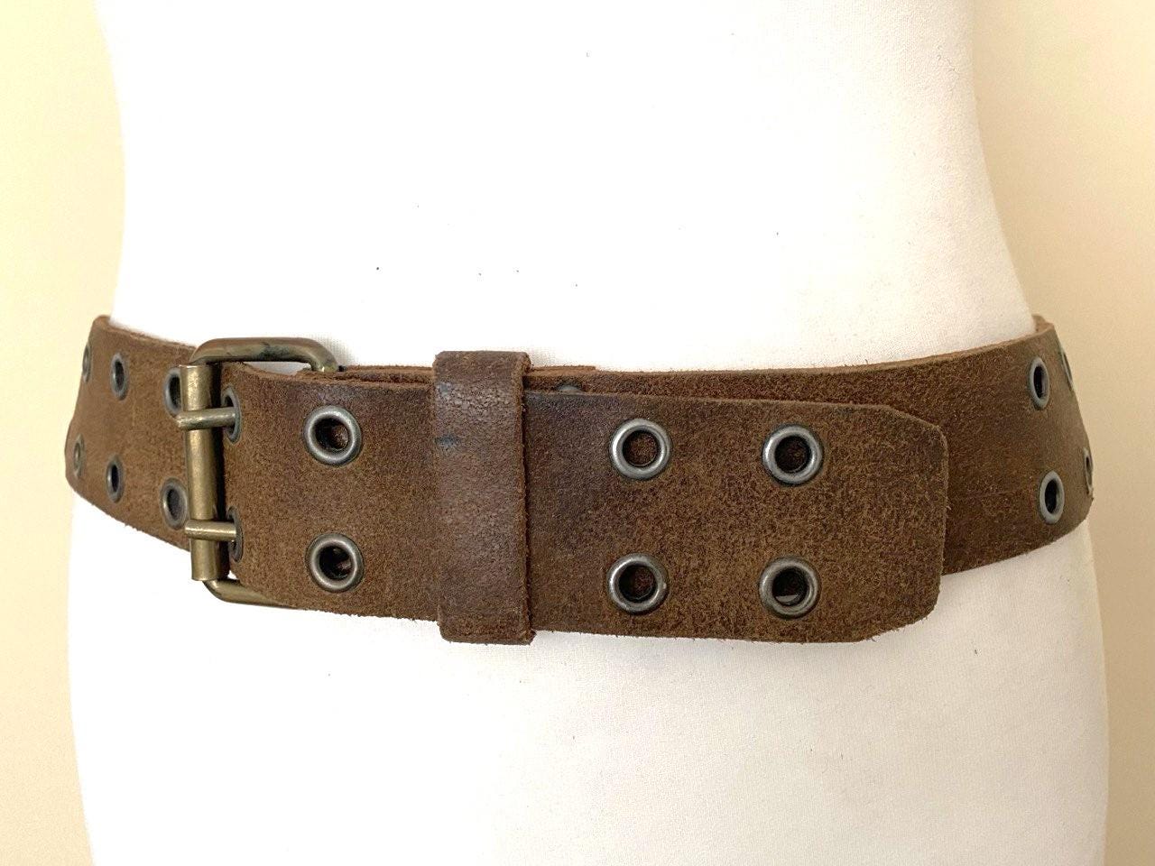 Vintage Grommet Brown Leather Belt Double Prong Western  display picture 3