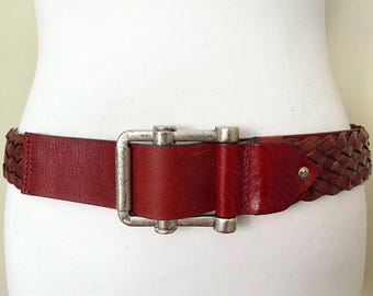 Vintage MAC Made in Italy Leather Belt Burgundy-Red Heavy Buckle Braided Hand Made Italian Leather Belt, L/XL Size