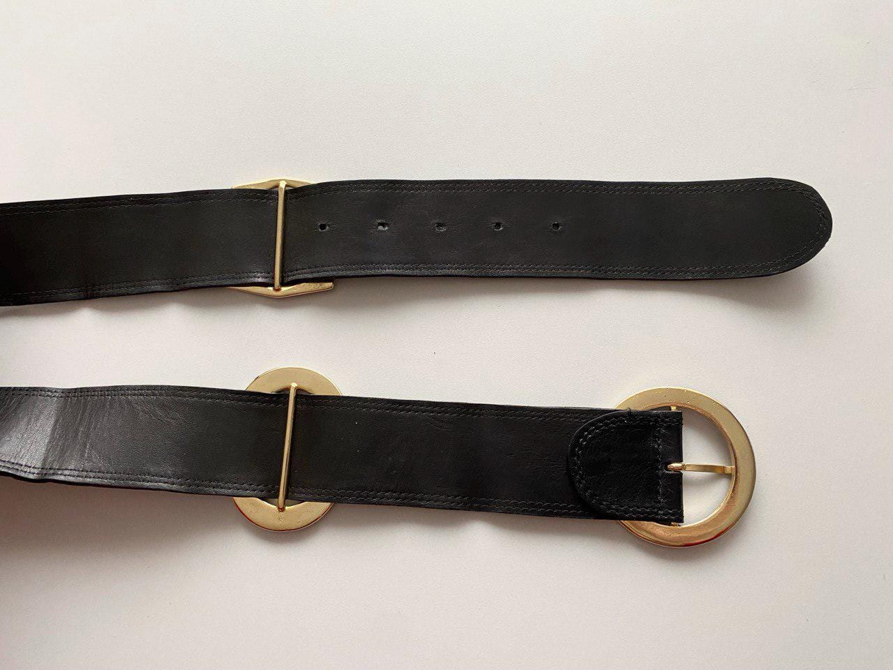 Vintage 90s Black Leather Belt With Black Golden Solid Metal 