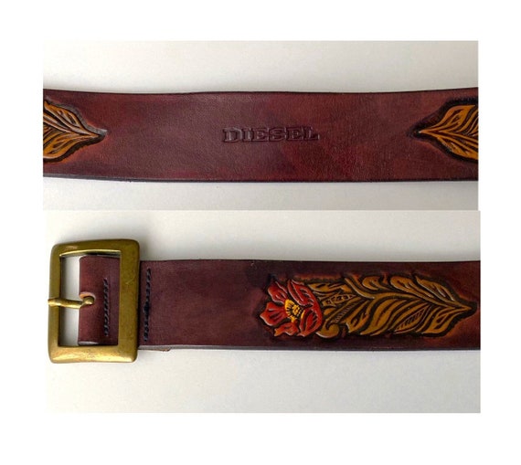 Vintage DIESEL Italy Made Tooled Leather Belt Plum Brown Italian