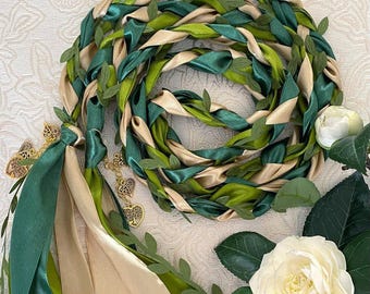Olive Forest Green Champagne Gold Handfasting Cord with Green Leaves, Woodland Wedding Ribbon, Celtic Irish Pagan Ritual Knot Wiccan Wedding